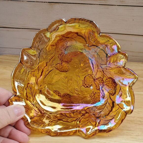 MCM Indiana Glass Loganberry Design Carnival Glass Dish Bowl Amber Iridescent - Picture 1 of 7